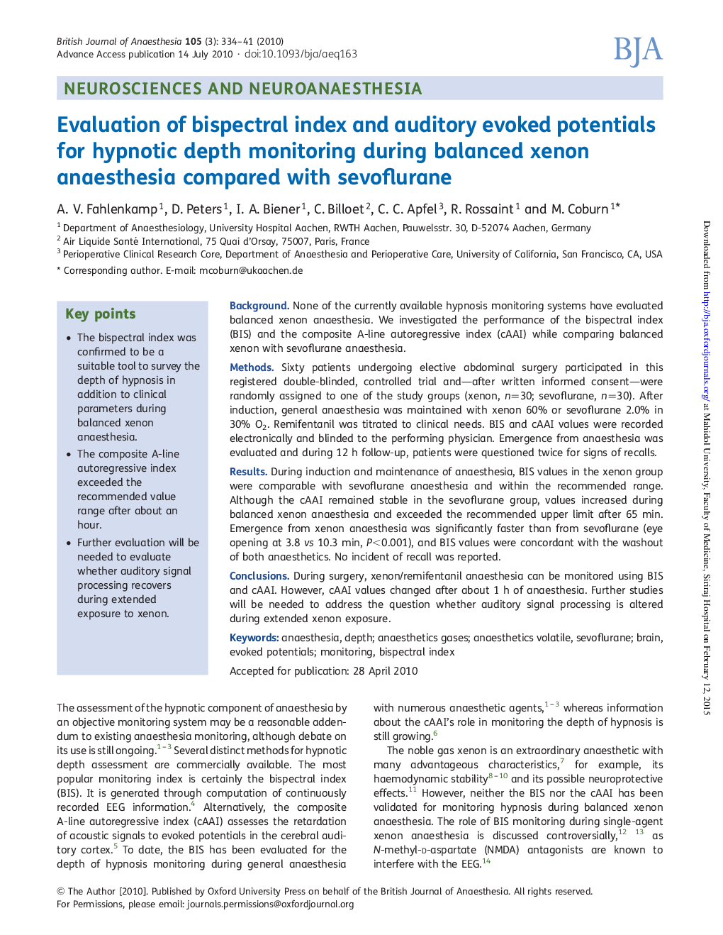 Evaluation of bispectral index and auditory evoked potentials for hypnotic depth monitoring during balanced xenon anaesthesia compared with sevoflurane