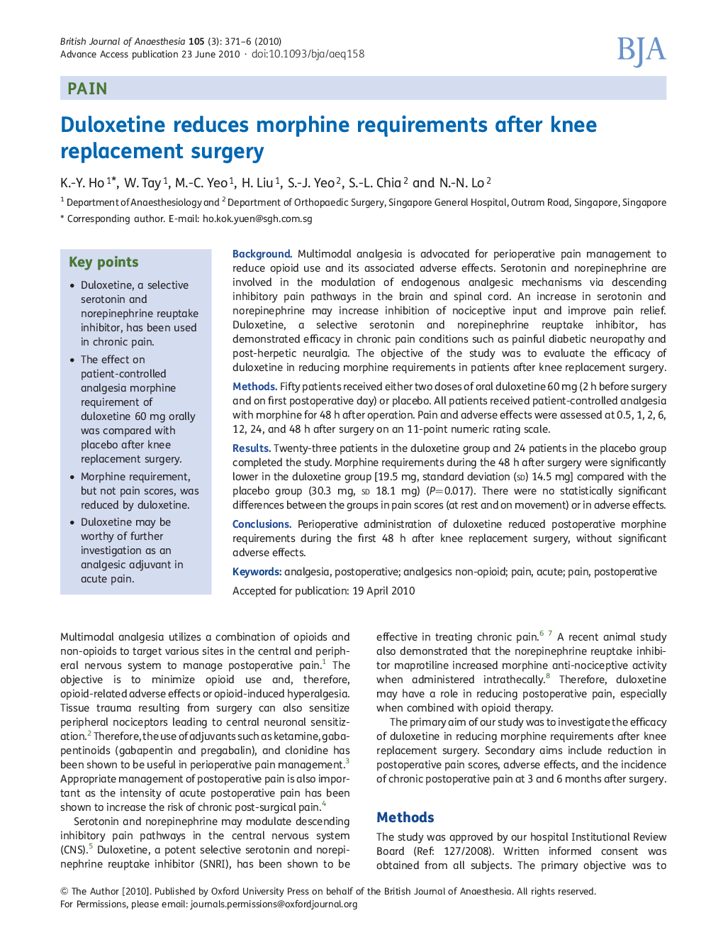 Duloxetine reduces morphine requirements after knee replacement surgery