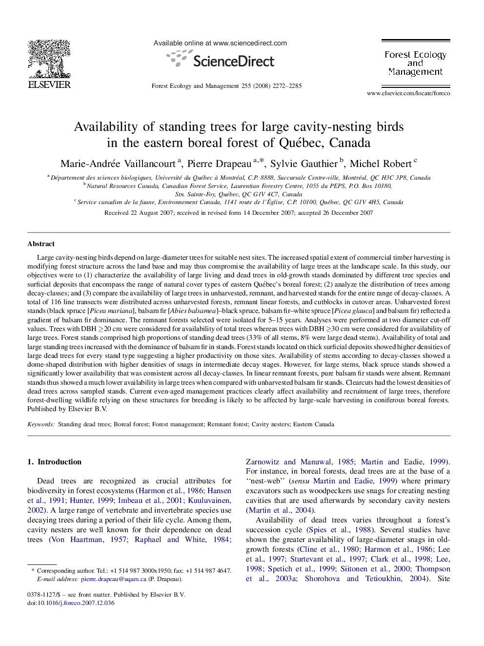 Availability of standing trees for large cavity-nesting birds in the eastern boreal forest of Québec, Canada