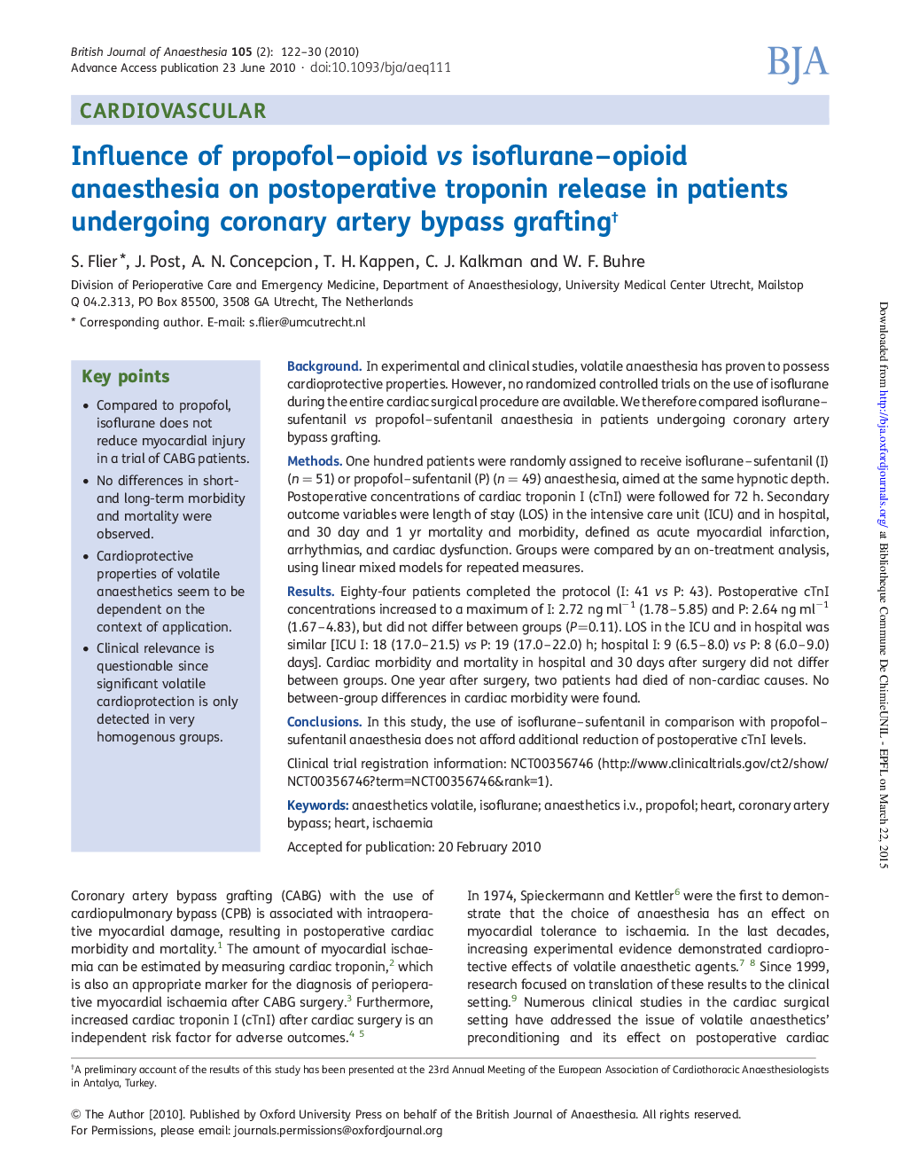 Influence of propofol-opioid vs isoflurane-opioid anaesthesia on postoperative troponin release in patients undergoing coronary artery bypass graftingâ 