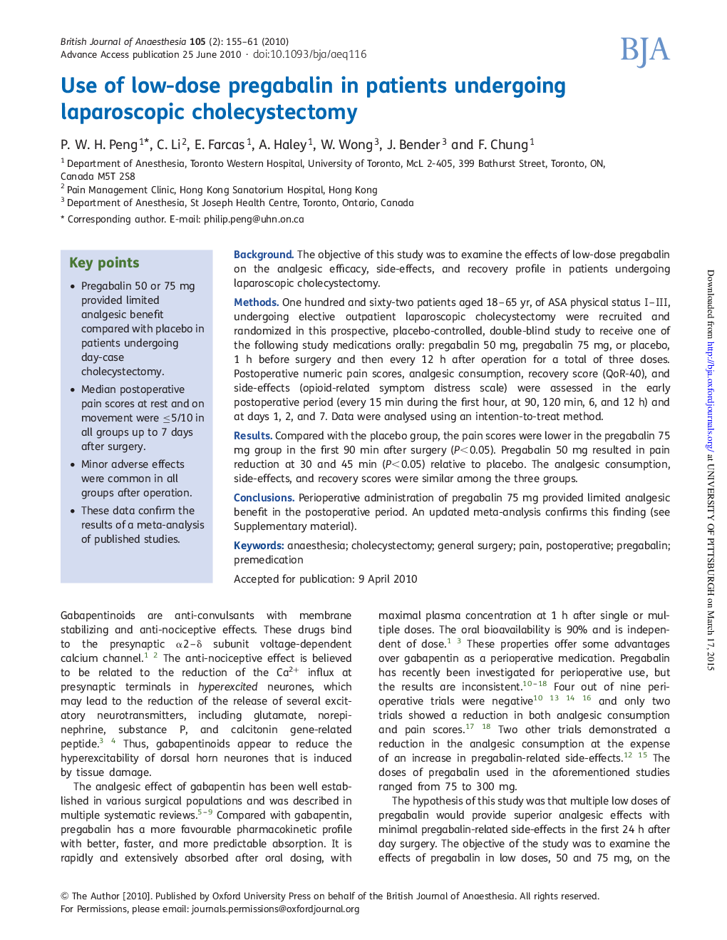عکس صفحه اول مقاله: Use of low-dose pregabalin in patients undergoing laparoscopic cholecystectomy Use of low-dose pregabalin in patients undergoing laparoscopic cholecystectomy