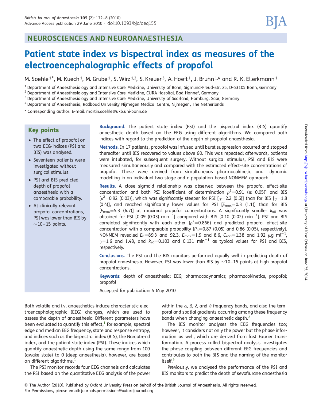 Patient state index vs bispectral index as measures of the electroencephalographic effects of propofol