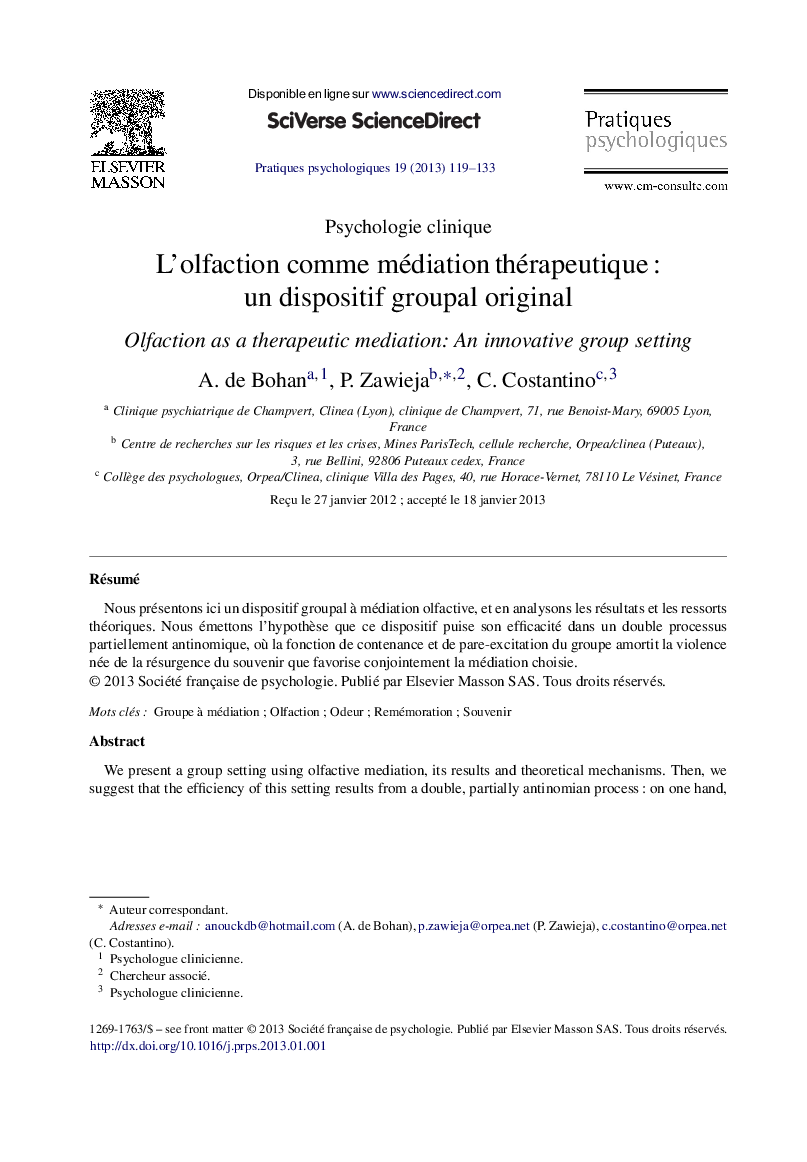 L’olfaction comme médiation thérapeutique : un dispositif groupal original