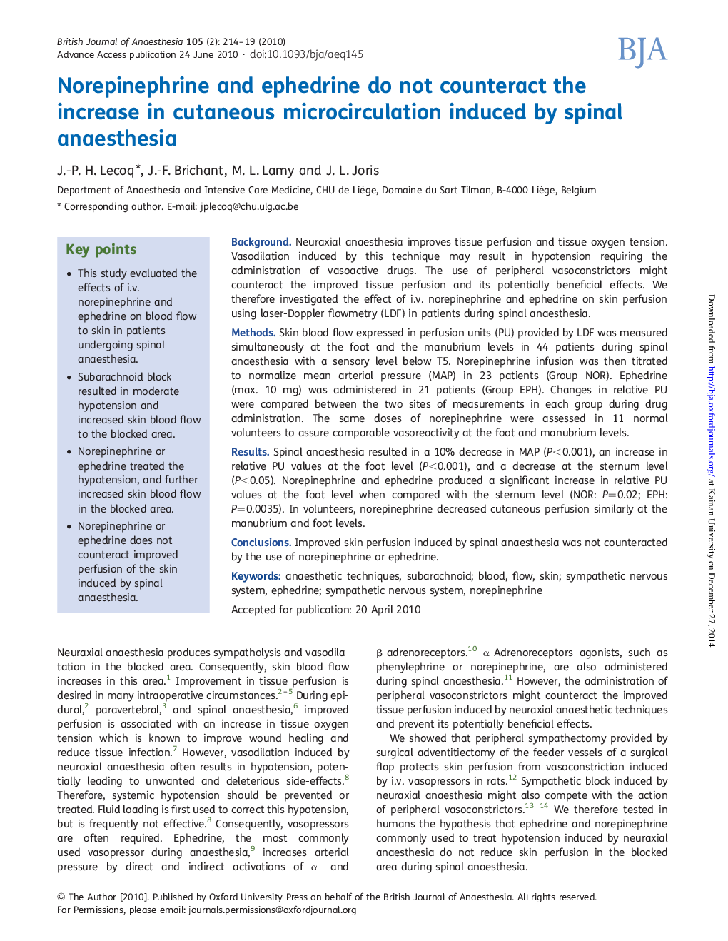 Norepinephrine and ephedrine do not counteract the increase in cutaneous microcirculation induced by spinal anaesthesia