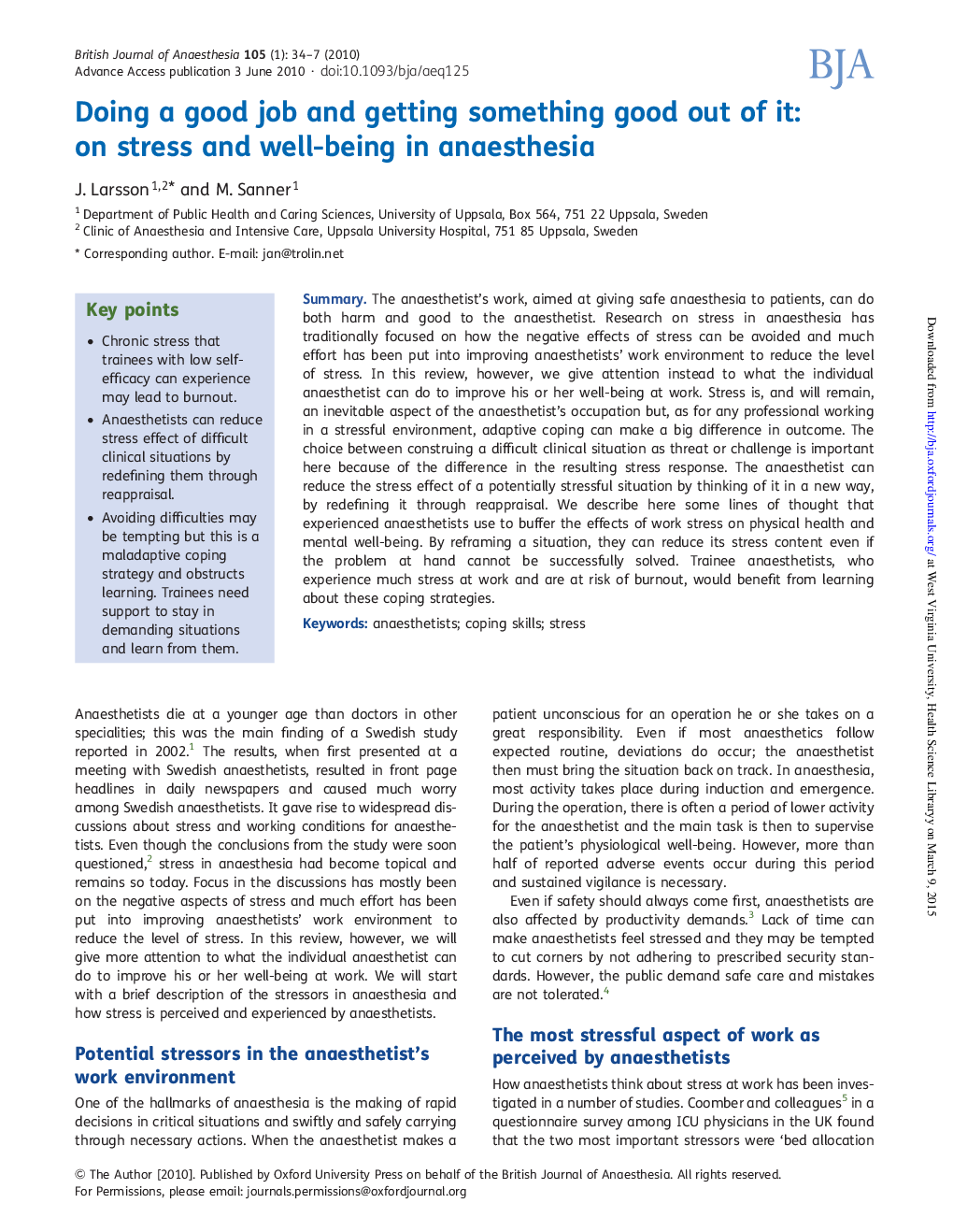 Doing a good job and getting something good out of it: on stress and well-being in anaesthesia