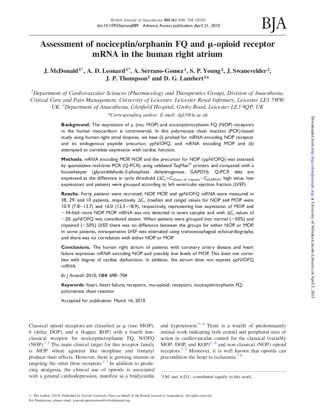 Assessment of nociceptin/orphanin FQ and Î¼-opioid receptor mRNA in the human right atrium