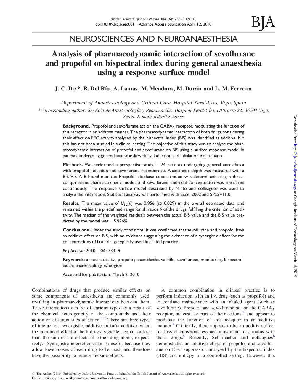 Analysis of pharmacodynamic interaction of sevoflurane and propofol on bispectral index during general anaesthesia using a response surface model