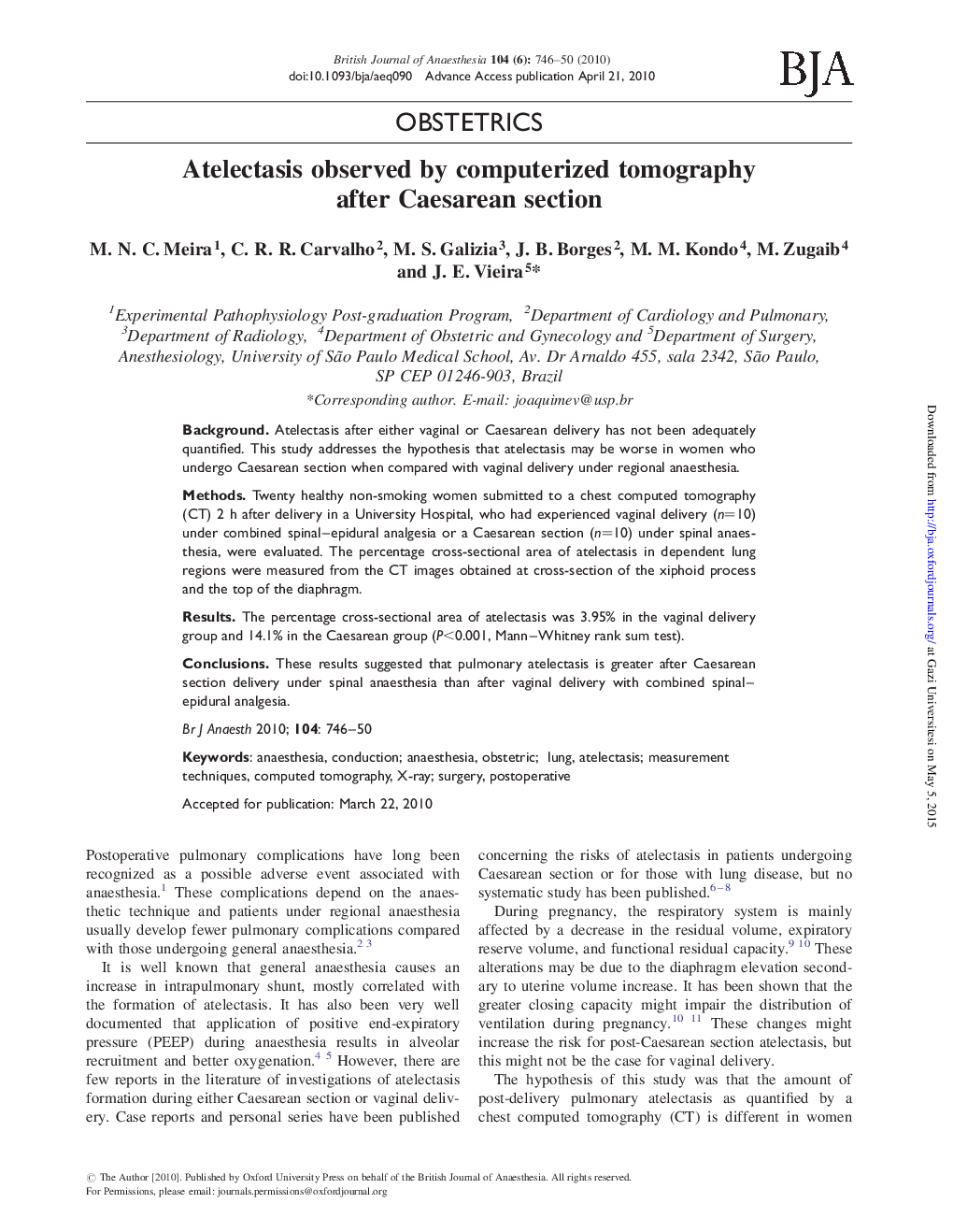 Atelectasis observed by computerized tomography after Caesarean section