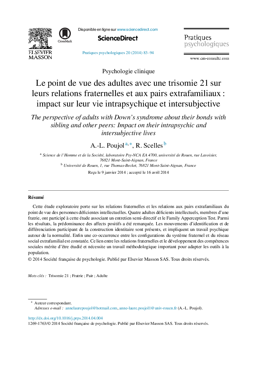 Le point de vue des adultes avec une trisomie 21 sur leurs relations fraternelles et aux pairs extrafamiliaux : impact sur leur vie intrapsychique et intersubjective