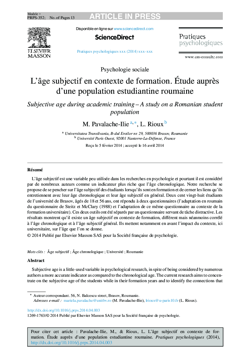 L'Ã¢ge subjectif en contexte de formation. Ãtude auprÃ¨s d'une population estudiantine roumaine