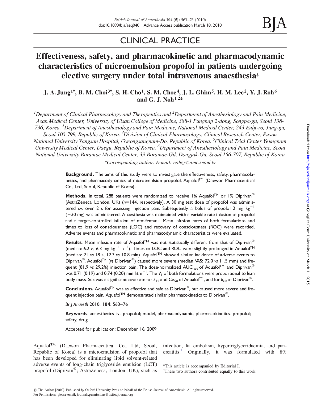 Effectiveness, safety, and pharmacokinetic and pharmacodynamic characteristics of microemulsion propofol in patients undergoing elective surgery under total intravenous anaesthesiaâ¡