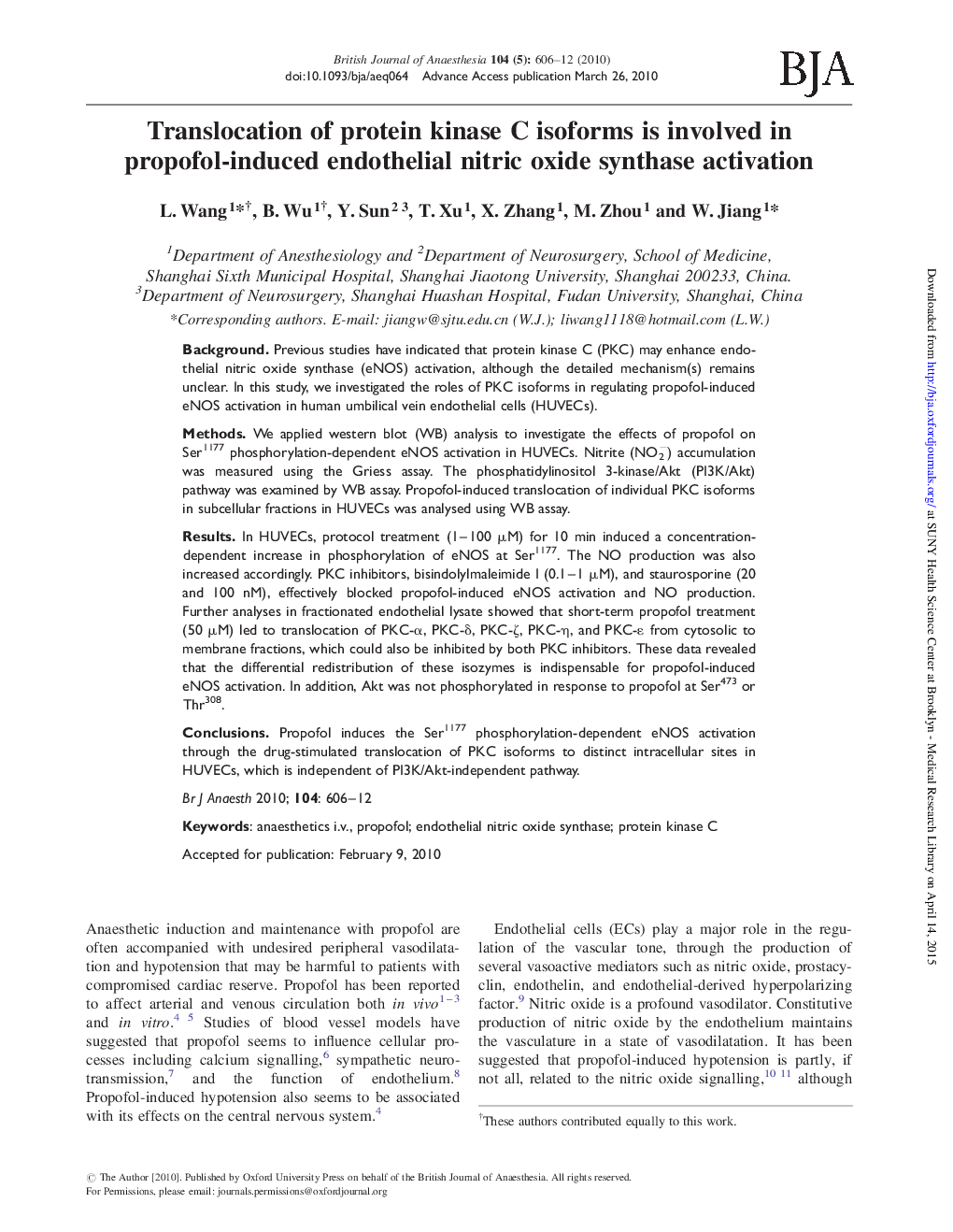 Translocation of protein kinase C isoforms is involved in propofol-induced endothelial nitric oxide synthase activation