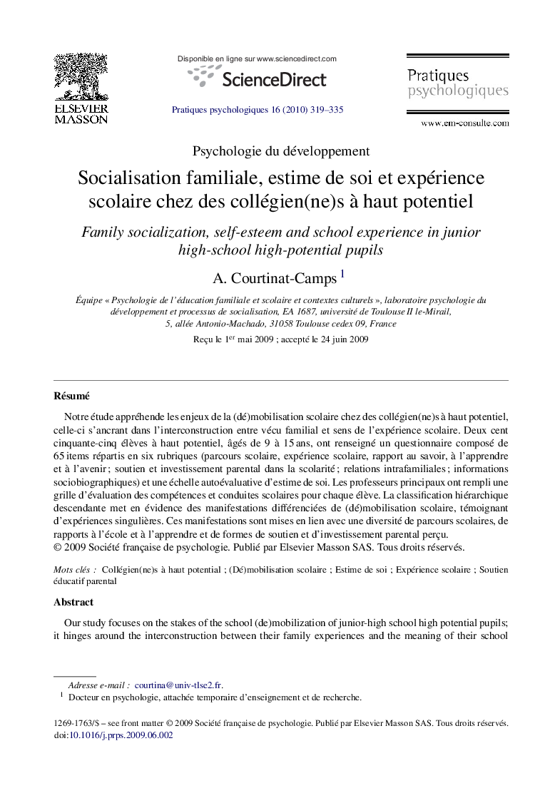 Socialisation familiale, estime de soi et expérience scolaire chez des collégien(ne)s à haut potentiel