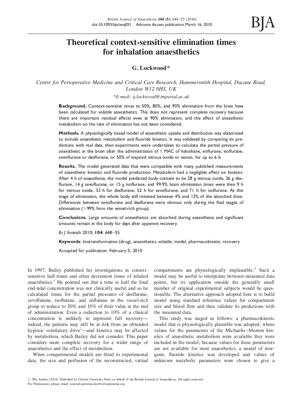 Theoretical context-sensitive elimination times for inhalation anaesthetics