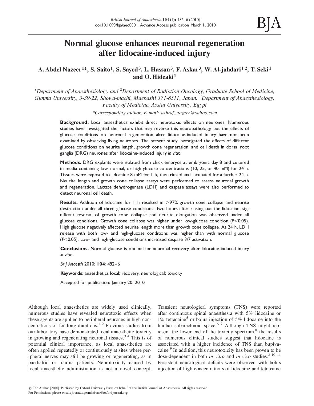 Normal glucose enhances neuronal regeneration after lidocaine-induced injury