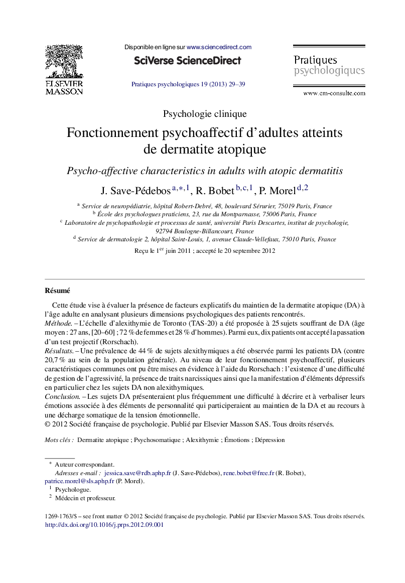 Fonctionnement psychoaffectif d’adultes atteints de dermatite atopique