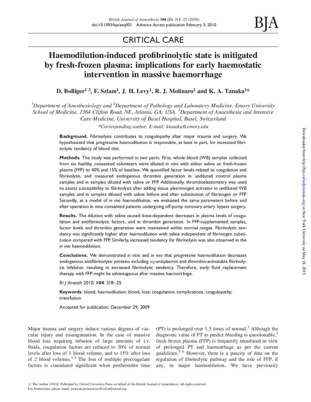 Haemodilution-induced profibrinolytic state is mitigated by fresh-frozen plasma: implications for early haemostatic intervention in massive haemorrhage