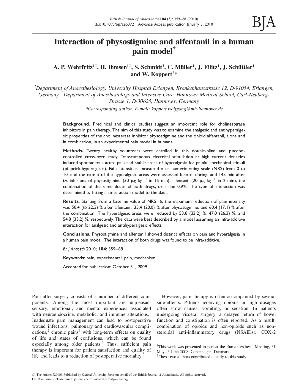 Interaction of physostigmine and alfentanil in a human pain modelâ 