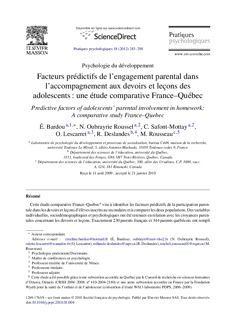 Facteurs prédictifs de l’engagement parental dans l’accompagnement aux devoirs et leçons des adolescents : une étude comparative France–Québec