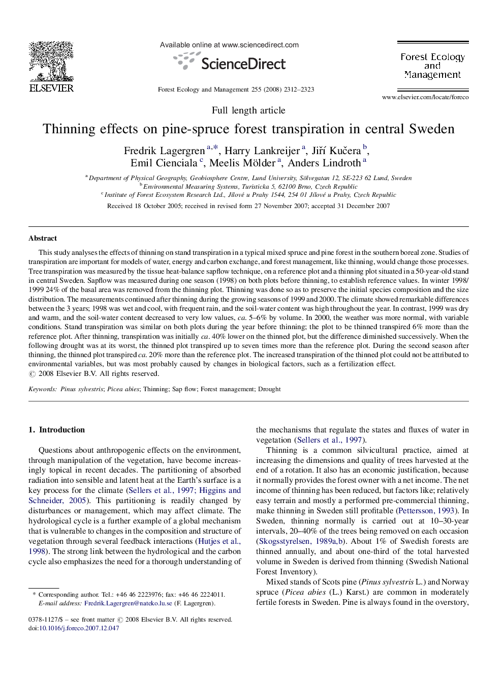 Thinning effects on pine-spruce forest transpiration in central Sweden