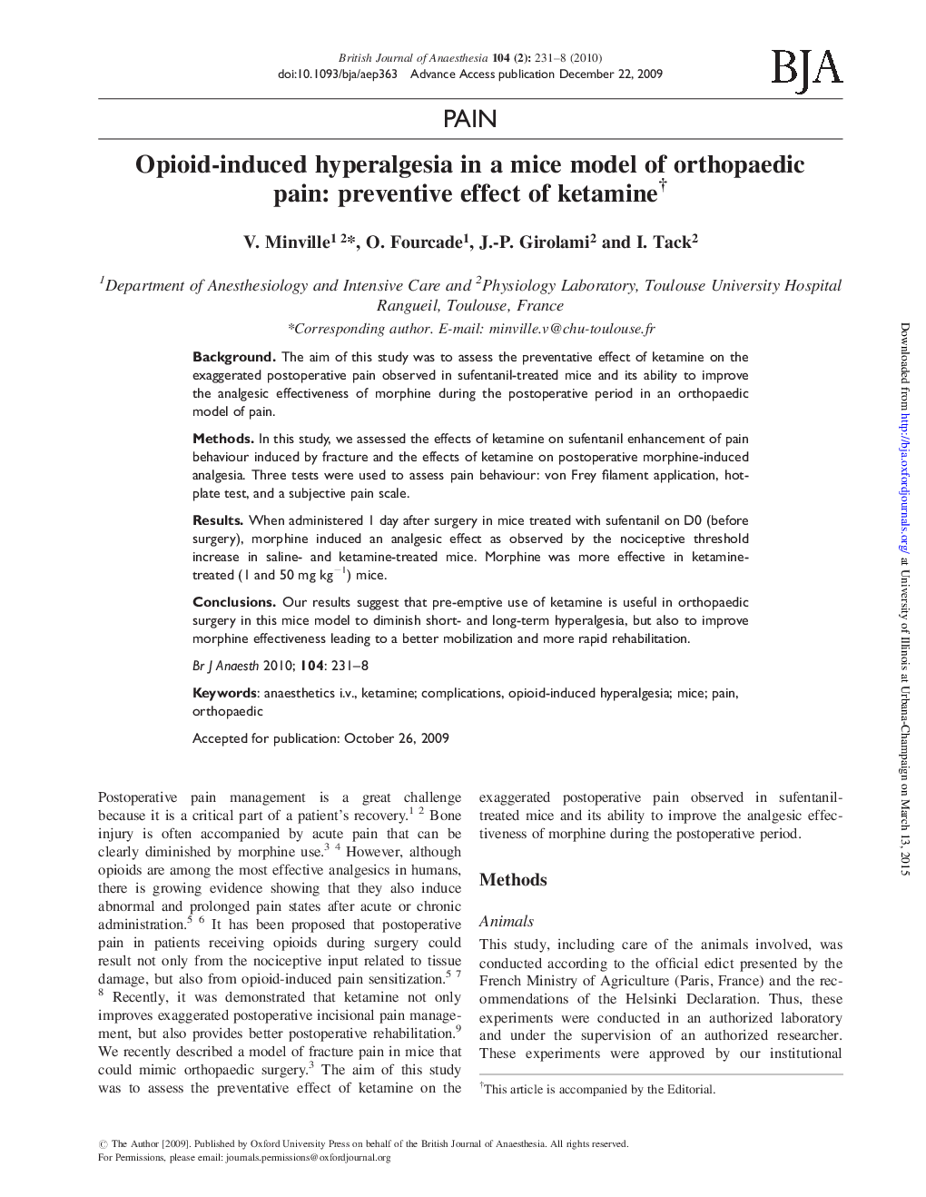 Opioid-induced hyperalgesia in a mice model of orthopaedic pain: preventive effect of ketamineâ 