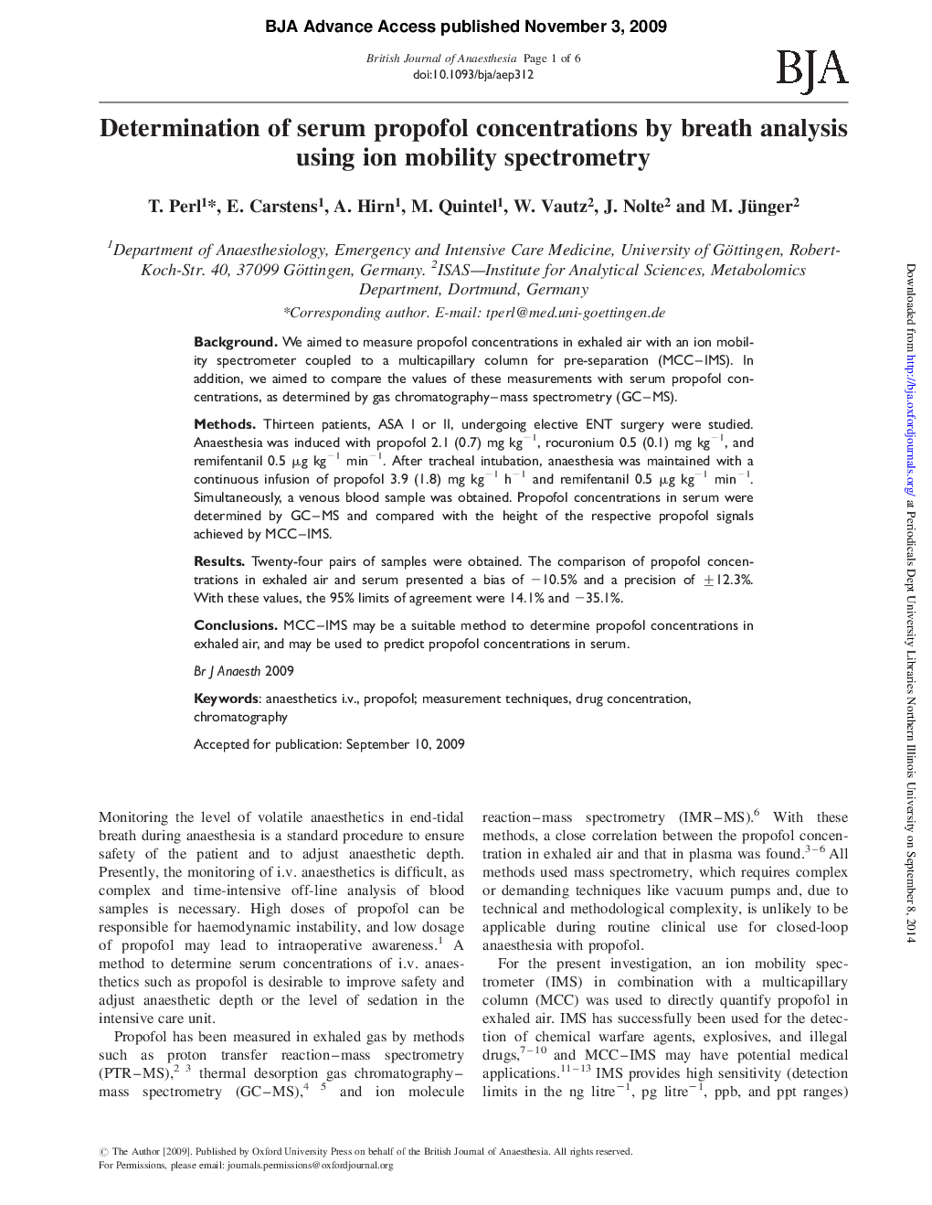 Determination of serum propofol concentrations by breath analysis using ion mobility spectrometry