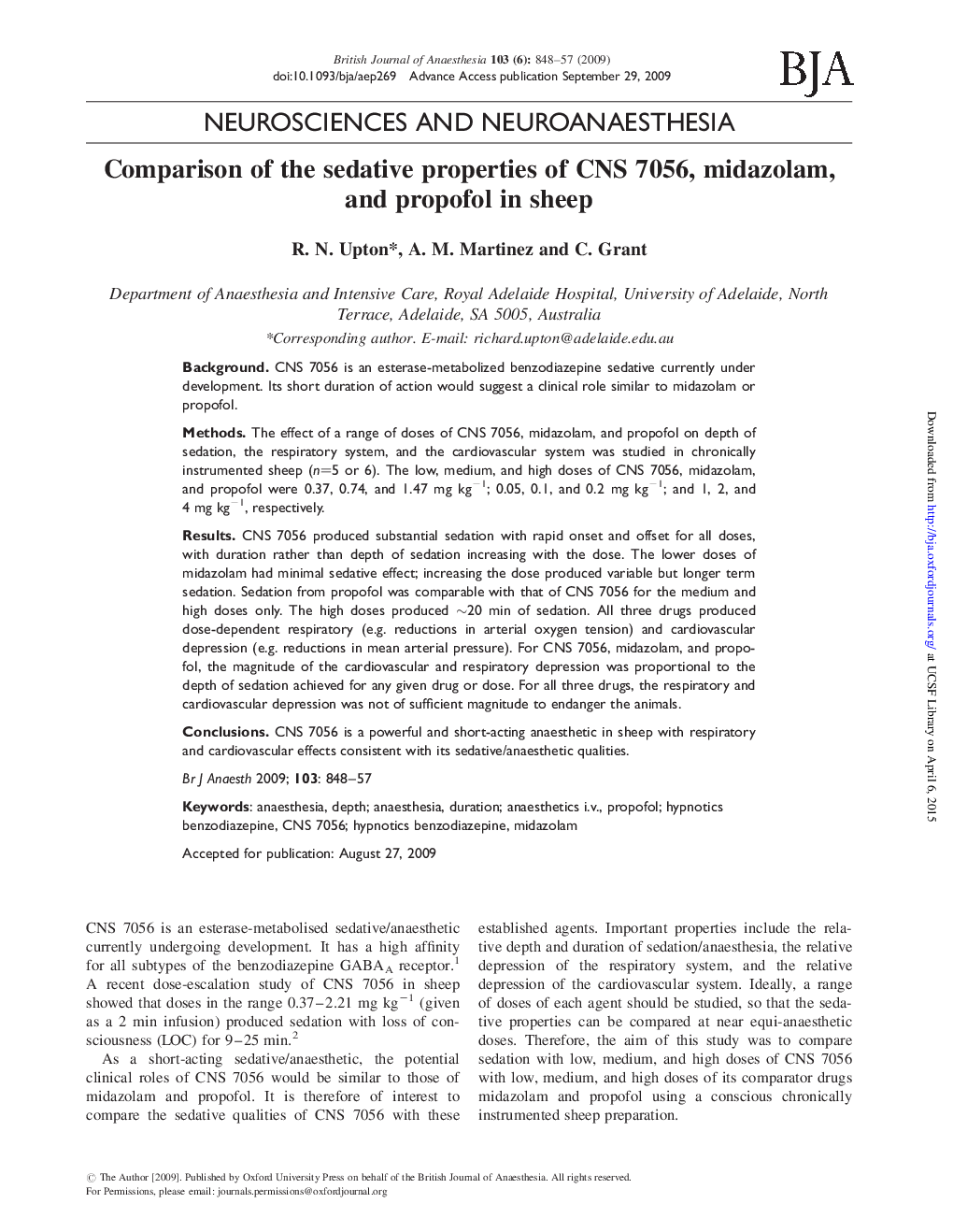 Comparison of the sedative properties of CNS 7056, midazolam, and propofol in sheep