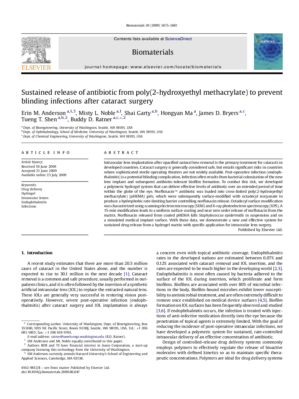 Sustained release of antibiotic from poly(2-hydroxyethyl methacrylate) to prevent blinding infections after cataract surgery