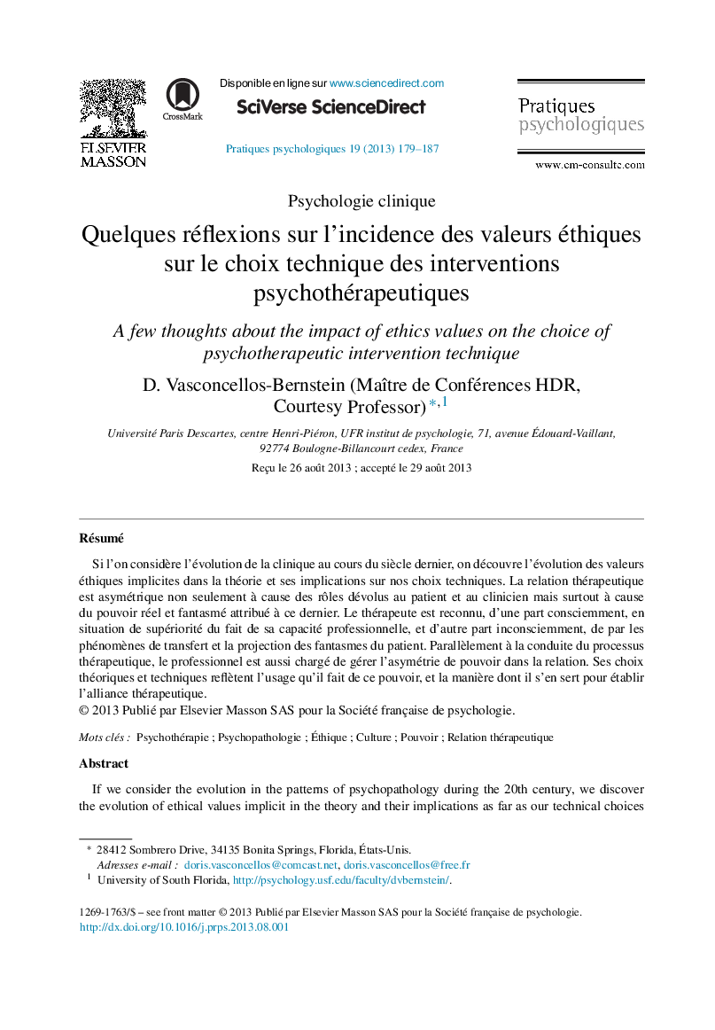 Quelques réflexions sur l’incidence des valeurs éthiques sur le choix technique des interventions psychothérapeutiques