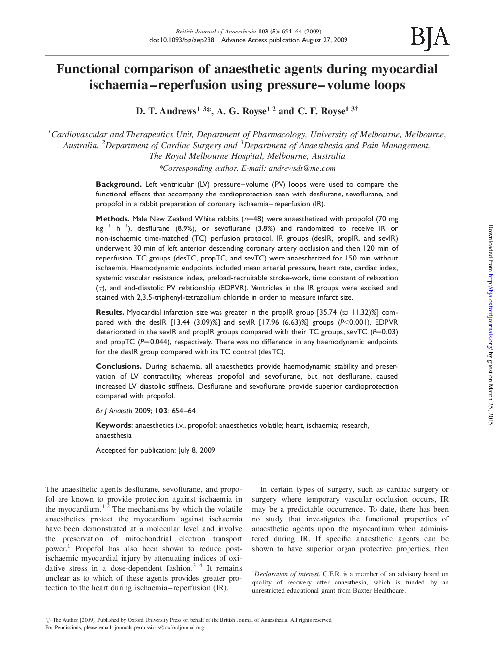 Functional comparison of anaesthetic agents during myocardial ischaemia-reperfusion using pressure-volume loops