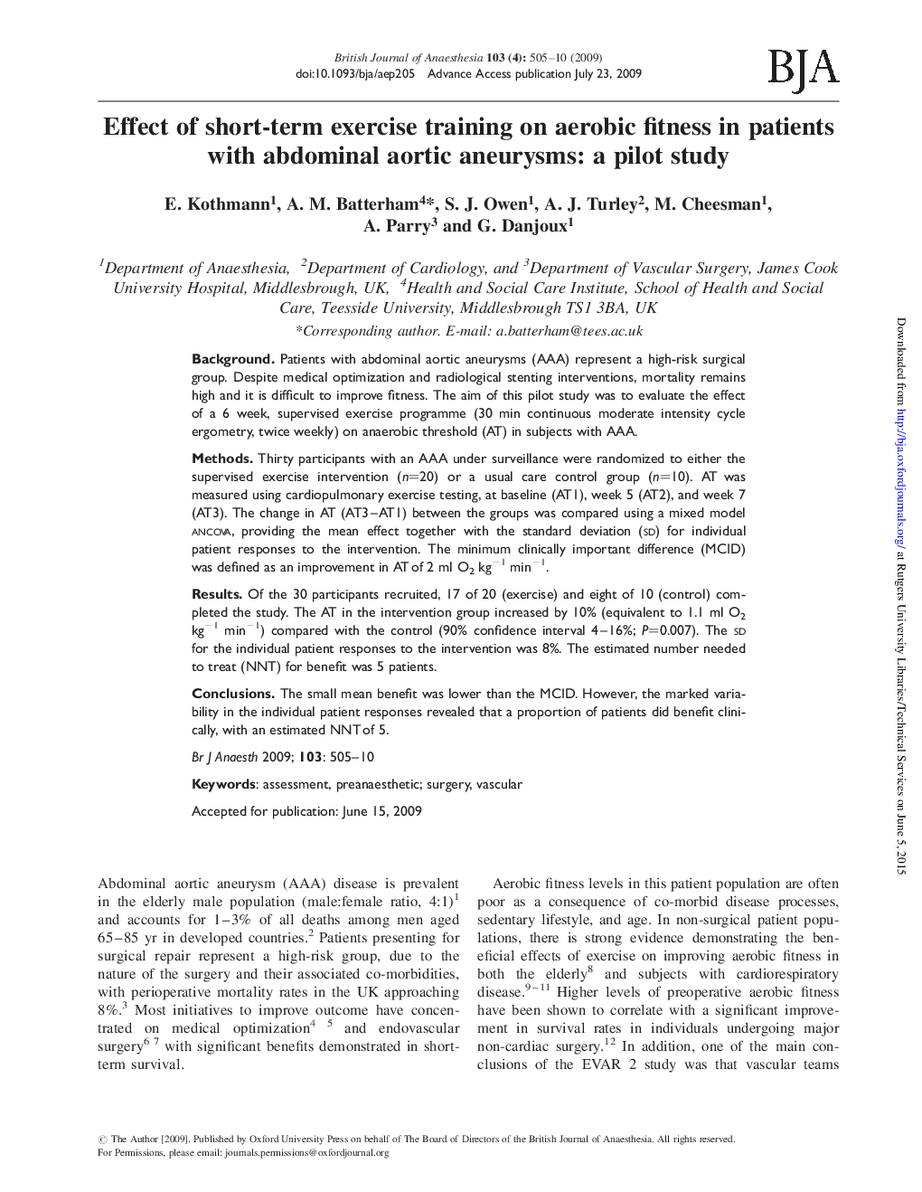 Effect of short-term exercise training on aerobic fitness in patients with abdominal aortic aneurysms: a pilot study