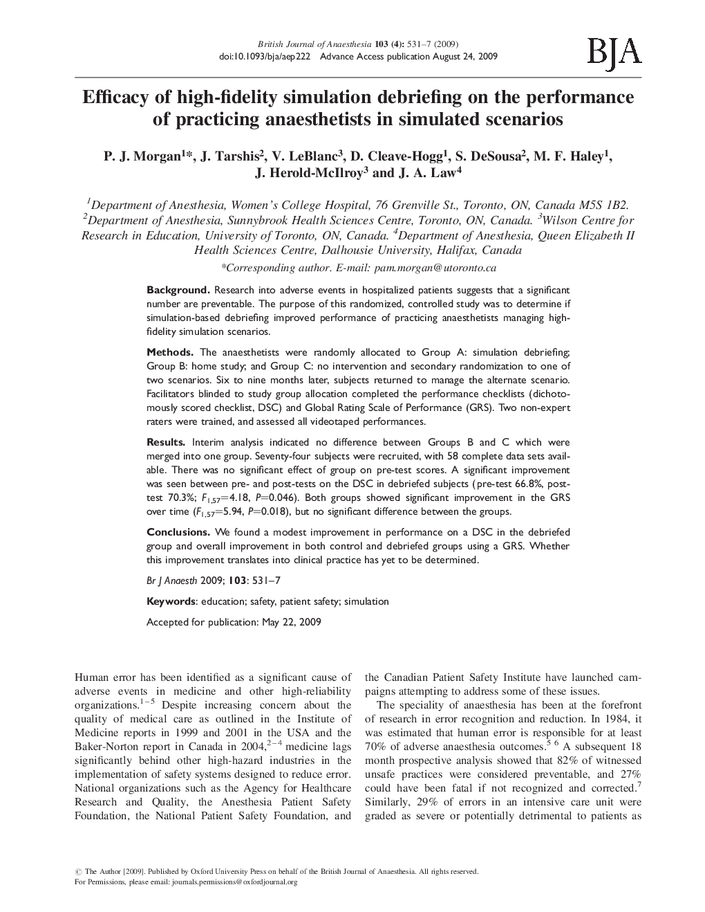 عکس صفحه اول مقاله: Efficacy of high-fidelity simulation debriefing on the performance of practicing anaesthetists in simulated scenarios Efficacy of high-fidelity simulation debriefing on the performance of practicing anaesthetists in simulated scenarios