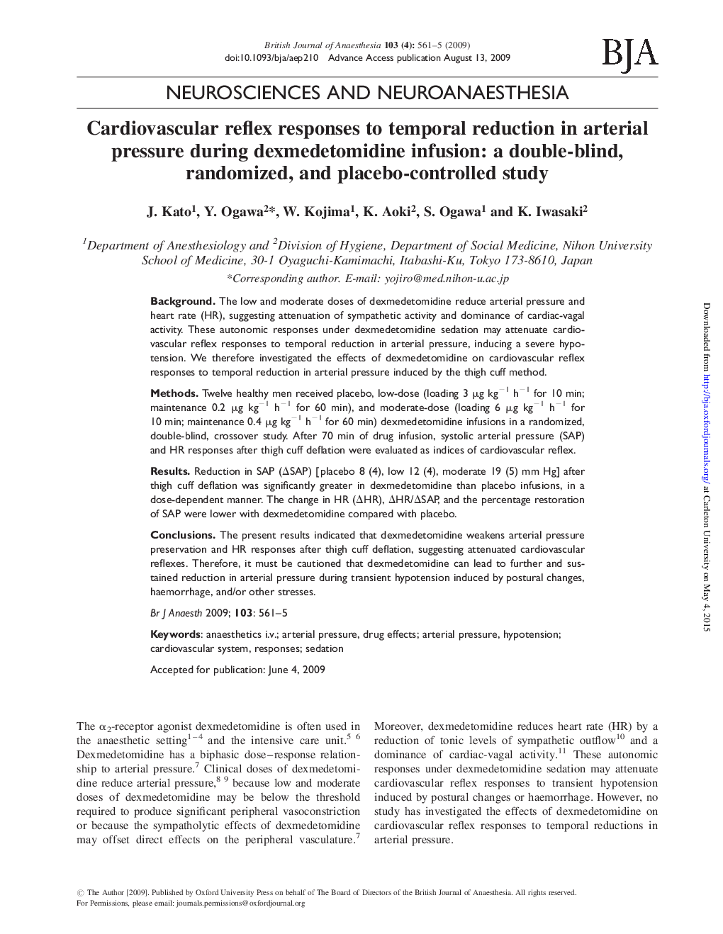 Cardiovascular reflex responses to temporal reduction in arterial pressure during dexmedetomidine infusion: a double-blind, randomized, and placebo-controlled study