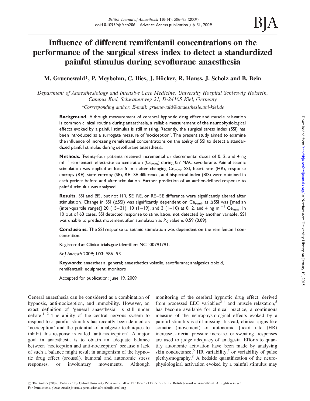 Influence of different remifentanil concentrations on the performance of the surgical stress index to detect a standardized painful stimulus during sevoflurane anaesthesia