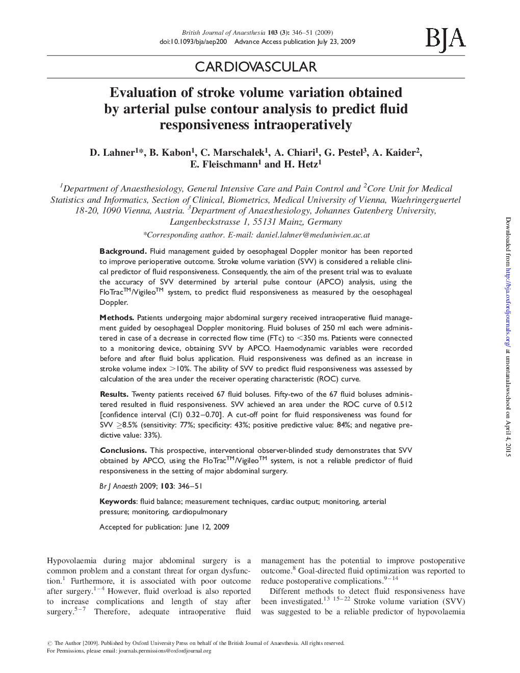 Evaluation of stroke volume variation obtained by arterial pulse contour analysis to predict fluid responsiveness intraoperatively