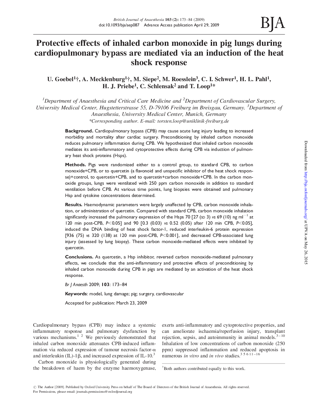 Protective effects of inhaled carbon monoxide in pig lungs during cardiopulmonary bypass are mediated via an induction of the heat shock response