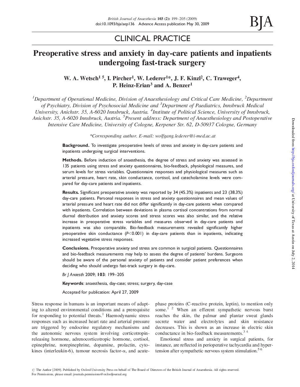 Preoperative stress and anxiety in day-care patients and inpatients undergoing fast-track surgery