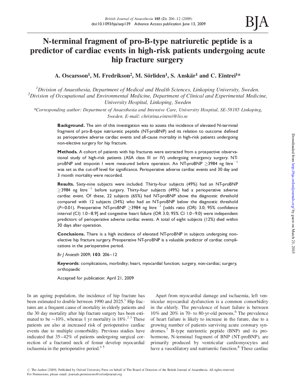 N-terminal fragment of pro-B-type natriuretic peptide is a predictor of cardiac events in high-risk patients undergoing acute hip fracture surgery