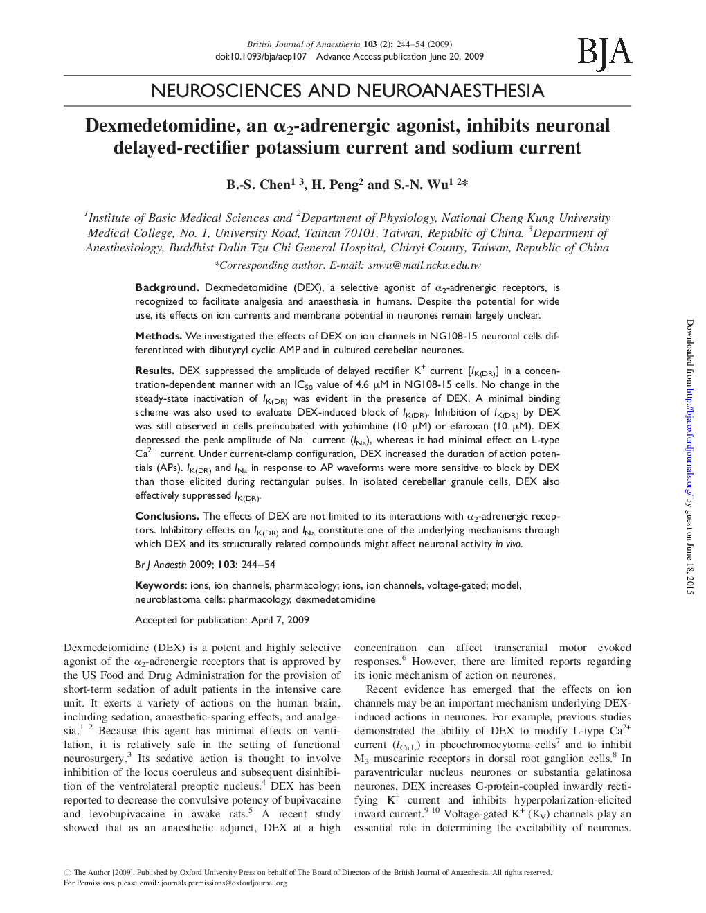 Dexmedetomidine, an Î±2-adrenergic agonist, inhibits neuronal delayed-rectifier potassium current and sodium current