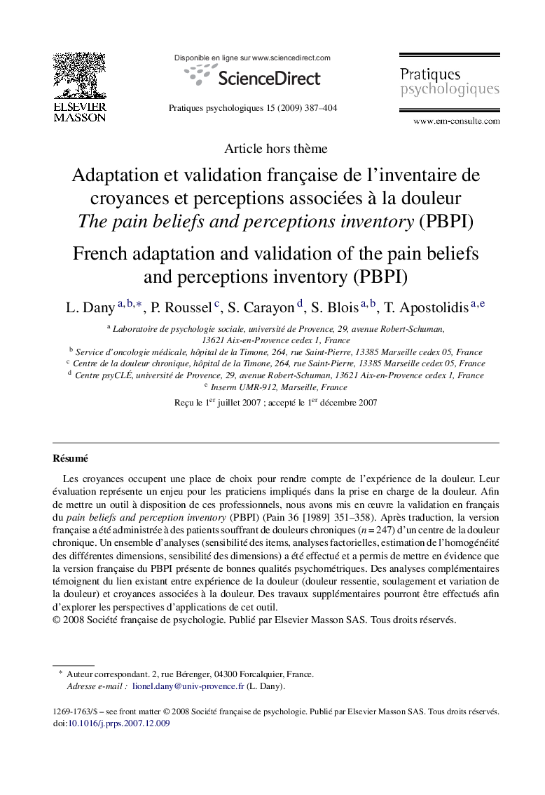 Adaptation et validation française de l’inventaire de croyances et perceptions associées à la douleur: The pain beliefs and perceptions inventory (PBPI)