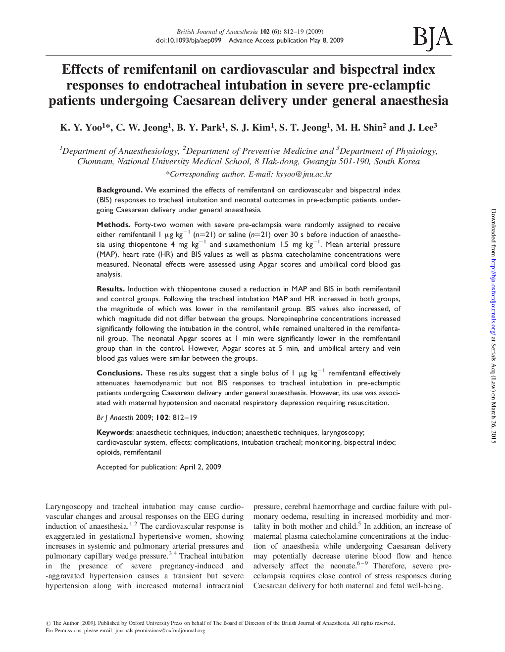 Effects of remifentanil on cardiovascular and bispectral index responses to endotracheal intubation in severe pre-eclamptic patients undergoing Caesarean delivery under general anaesthesia