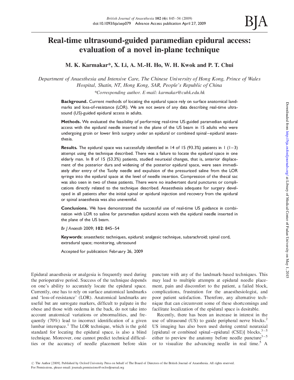 Real-time ultrasound-guided paramedian epidural access: evaluation of a novel in-plane technique