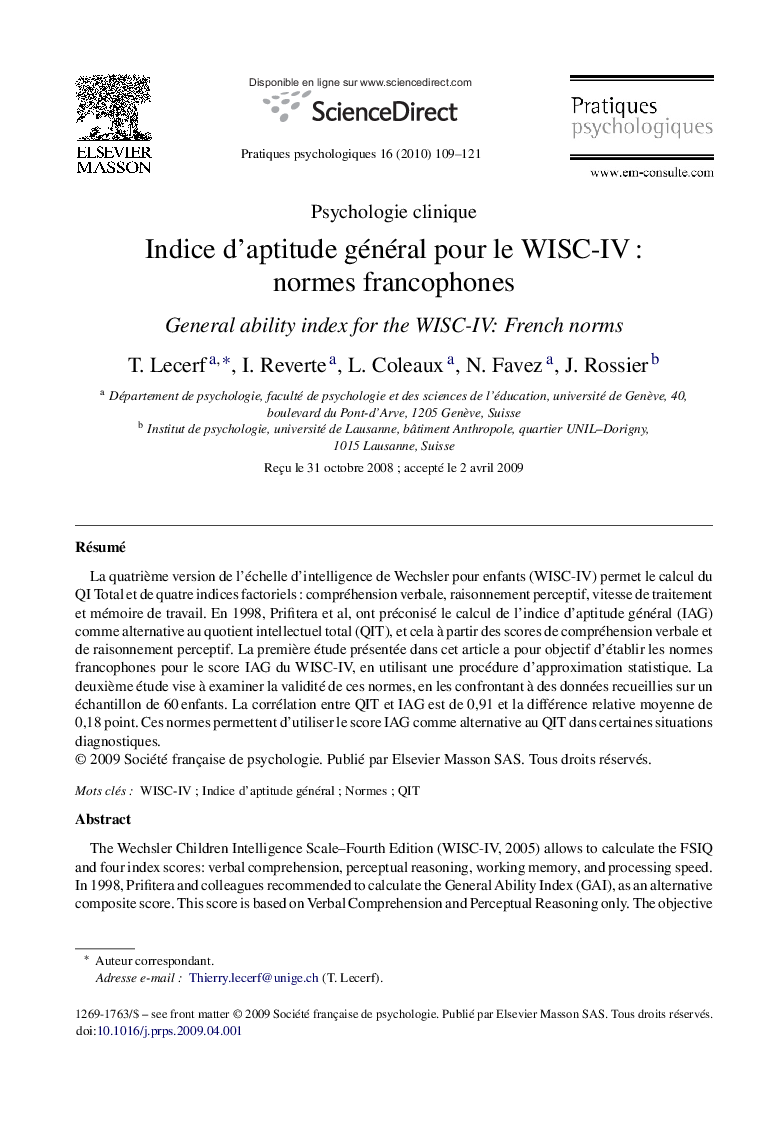 Indice d’aptitude général pour le WISC-IV : normes francophones