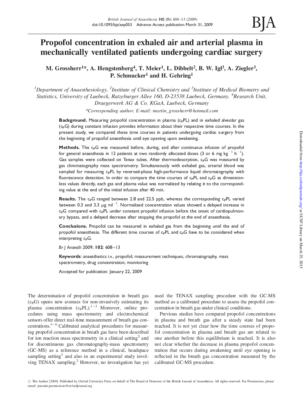 Propofol concentration in exhaled air and arterial plasma in mechanically ventilated patients undergoing cardiac surgery