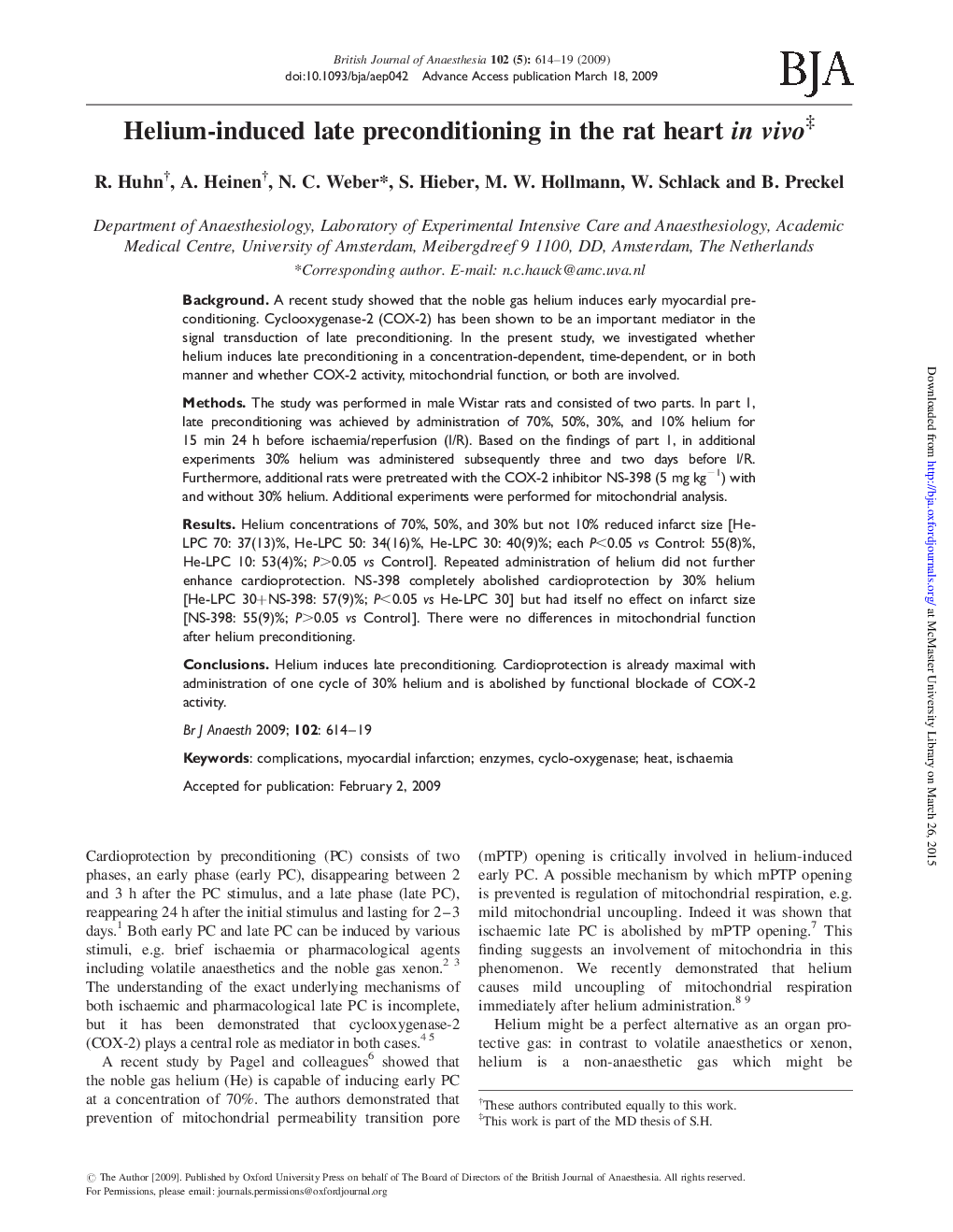 Helium-induced late preconditioning in the rat heart in vivoâ 