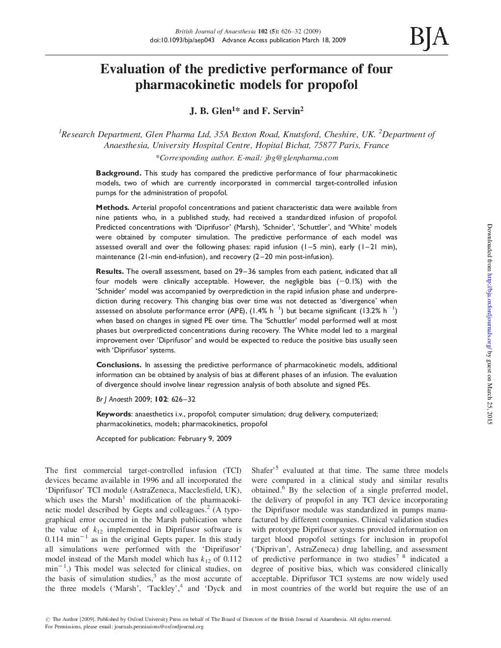 Evaluation of the predictive performance of four pharmacokinetic models for propofol