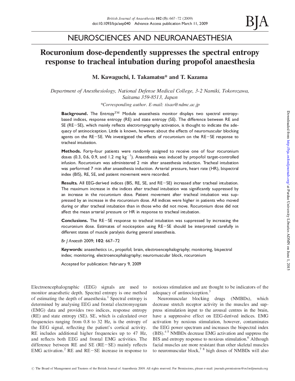 Rocuronium dose-dependently suppresses the spectral entropy response to tracheal intubation during propofol anaesthesia