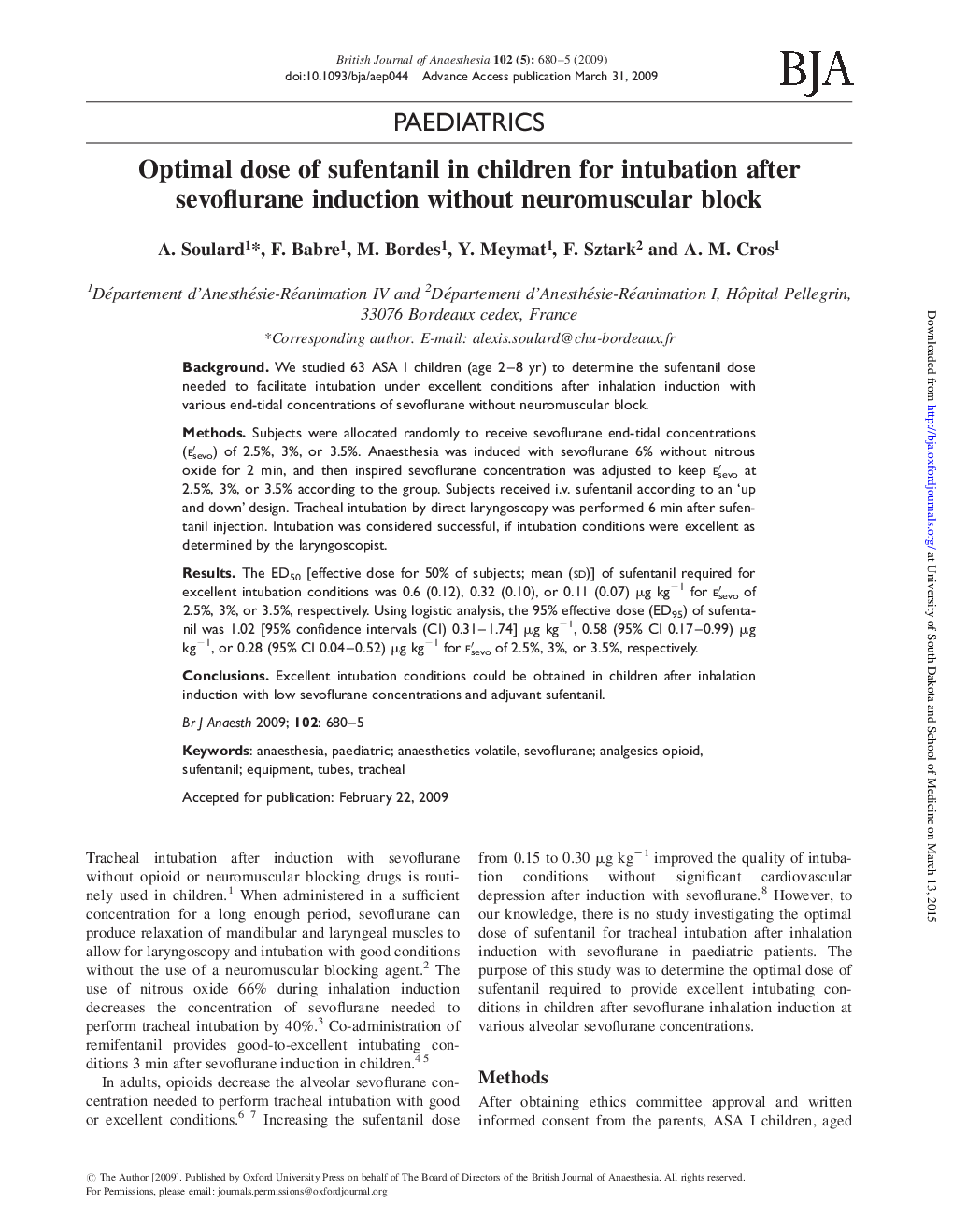 Optimal dose of sufentanil in children for intubation after sevoflurane induction without neuromuscular block