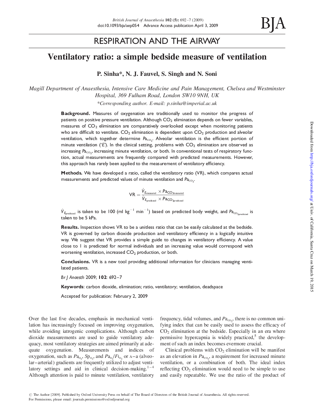 Ventilatory ratio: a simple bedside measure of ventilation