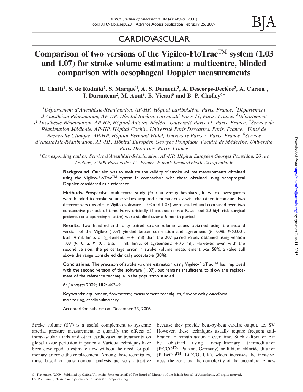 Comparison of two versions of the Vigileo-FloTracâ¢ system (1.03 and 1.07) for stroke volume estimation: a multicentre, blinded comparison with oesophageal Doppler measurements